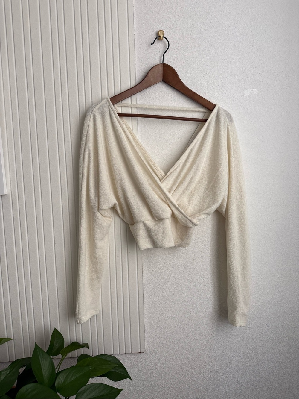 Sadie & Sage Cream Wrap Front Surplice Long Sleeve Crop Top